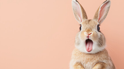 Obraz premium shocked bunny with mouth open, A surprised rabbit with open mouth and expressive eyes against a soft pastel background, capturing a delightful moment of surprise.