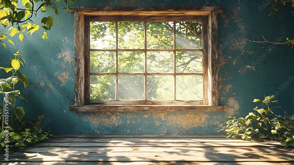 Poster rustic wooden frame floating in isolated nature inspired setting with subtle lighting and shadows
