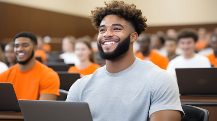 A group of students in a virtual classroom, learning online via laptops