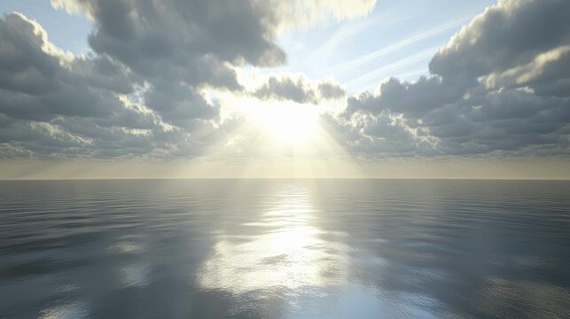 Light breaking through clouds, casting long reflections on the water's surface