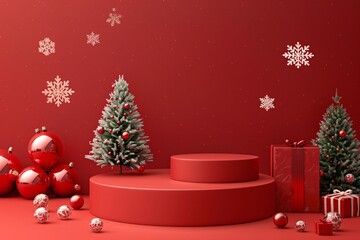 Red christmas background with podium for presentation and christmas decorations