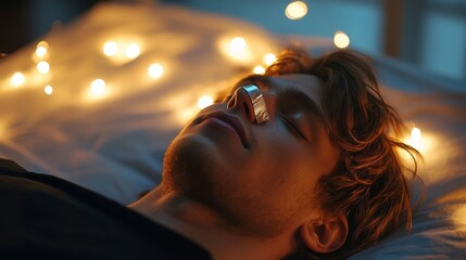 Relaxing person practices nasal breathing with taped lips