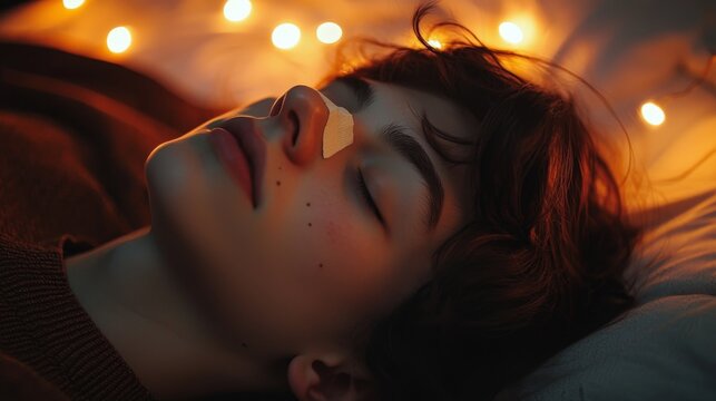 Relaxing person practices nasal breathing with taped lips