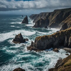 A dramatic, rocky coastline with deep caves and towering sea stacks, waves crashing in the background.

