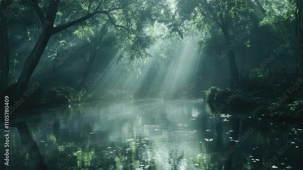 Poster light filtering through trees, reflecting in a calm pond surrounded by nature