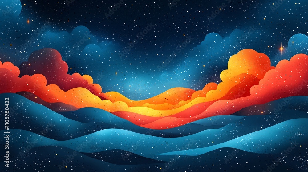 Poster whimsical doodle frame floating in starry night sky with playful clouds and squiggles