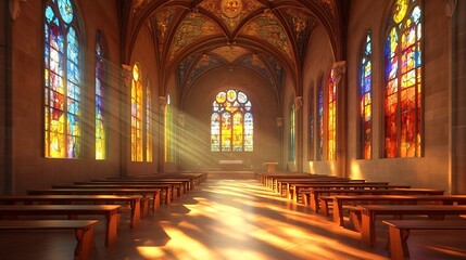 Obraz premium Stained Glass Sanctuary Illuminated by Sunlight Beams in Historic Church Cathedral
