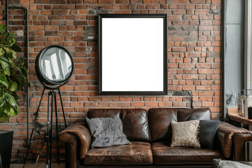 Industrial-themed living room with a black metal frame, A2 size, against a brick wall, leather sofa and modern decor accents, 
