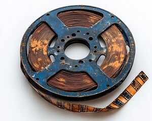 Vintage Film Reel Frame Floating Against Soft White Background for Cinematic Nostalgia