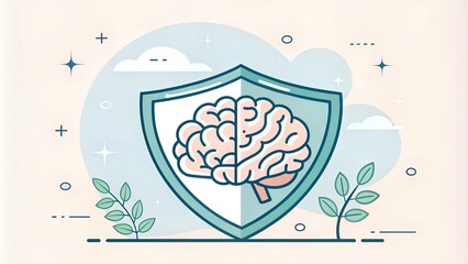 Brain Protection Concept Illustration, Shield Icon with Brain, Mental Health and Wellness, Cognitive Function Support, Neuroprotection, Healthcare Awareness Infographic, Brain Safety and Care