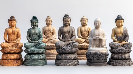 A set of various Buddha icons in full detail, isolated on a transparent background The collection includes a variety of peaceful Buddha expressions carved in stone and metal, each designed to 