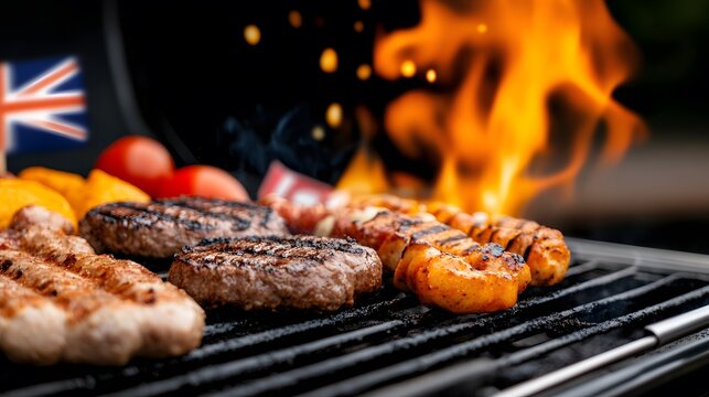 People enjoying a BBQ in a backyard, with Australian flags and food on the grill