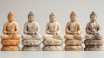 A set of various Buddha icons in full detail, isolated on a transparent background The collection includes a variety of peaceful Buddha expressions carved in stone and metal, each designed to 