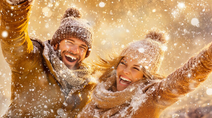Obraz premium Happy couple in love lying on a snowy surface with snow on their hats