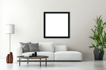 Modern Living Room Mockup: Square Black Frame on White Wall above a White Sofa 