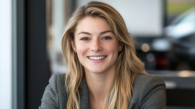 A confident and successful young businesswoman salesperson smiling warmly and conveying positivity and professionalism in a modern car sales base office environment. Her friendly demeanor shows that s