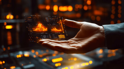 Hand presenting a glowing holographic interface with dynamic orange graphs and data visuals. image symbolizes innovation, technology, and data visualization in a futuristic context