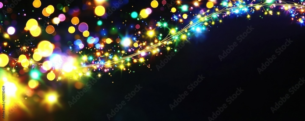 Poster a vibrant display of colorful lights and bokeh effects against a dark background, creating a festive