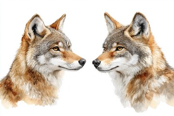 Fototapeta premium Two realistic wolf heads facing each other in a detailed watercolor style.