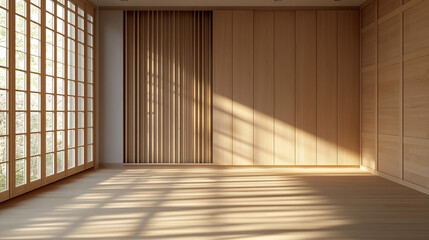 Minimalist room with wooden walls and sunlight streaming through large windows