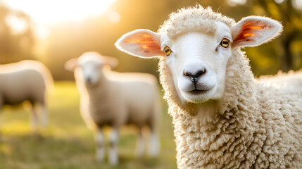 Fototapeta premium Detailed close up of sheep with thick wool grazing in sunlight
