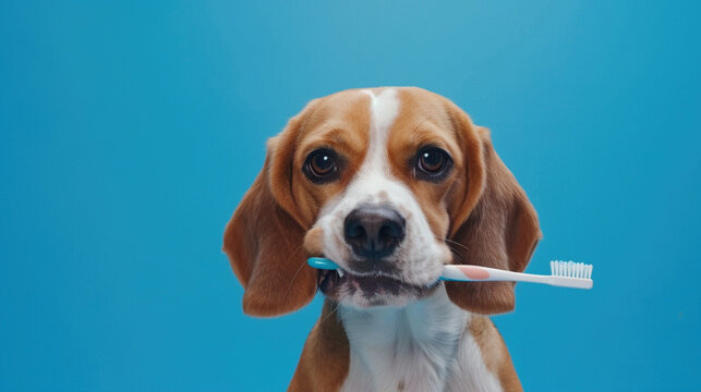 Cocker Spaniel holding a toothbrush in its mouth on blue background. Pet dental care and hygiene. oral health for pets in a playful and engaging manner for advertisement, animal welfare