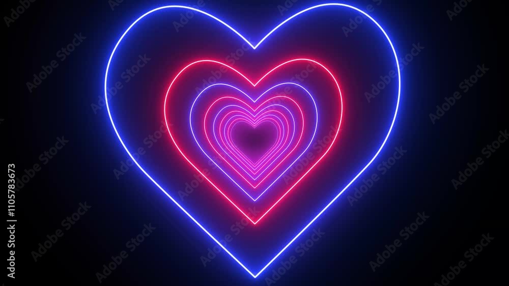 Poster beautiful abstract hearts tunnel with light lines moving fast. different colors rainbow animation. 4