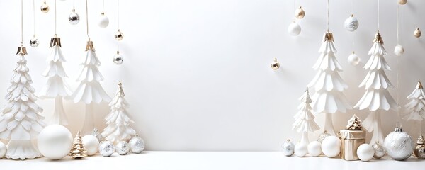 Festive white Christmas decoration with trees and ornaments creating a serene winter atmosphere