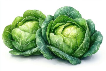Fototapeta premium Two vibrant green cabbages with detailed leaves, showcasing fresh produce.