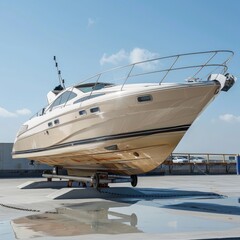 Naklejka premium Motor boat docked at berth.