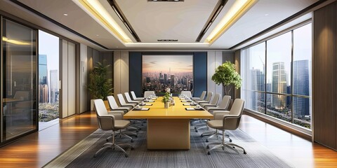blue cream modern meeting room with, wooden floor, yellow long conference table, luxury chairs and cityscape 