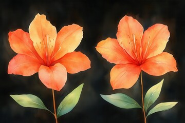 Two vibrant orange flowers with green leaves against a dark background.