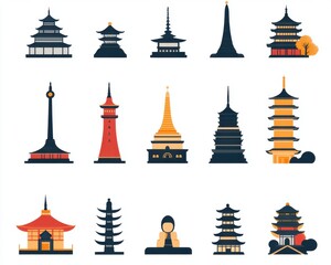 A set of various Buddha minimal icons in full detail, isolated on a transparent background The collection includes a variety of Buddhist pagodas and monuments, each with clean lines and simple 