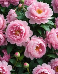 Obraz premium Close-up of pink peonies and roses with green leaves, detail, blooming