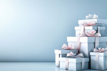 A stack of elegantly wrapped white gift boxes with pink ribbons against a soft blue background, creating a festive and inviting atmosphere.