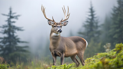 Fototapeta premium majestic deer with soft fur and impressive antlers stands in misty forest