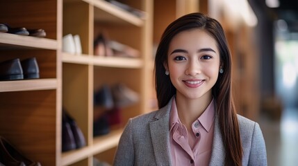 A confident and successful young female salesperson smiling warmly and exuding positivity and professionalism in a modern luxury shoe cabinet area. Friendly approachable and confident, abstract advert