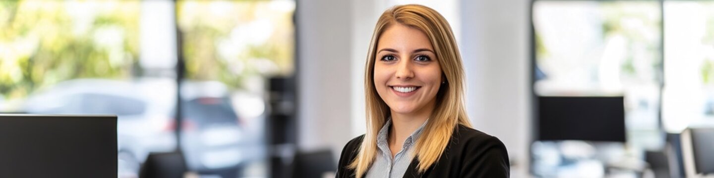 A confident and successful young businesswoman salesperson smiling warmly and conveying positivity and professionalism in a modern car sales base office environment. Her friendly demeanor shows that s