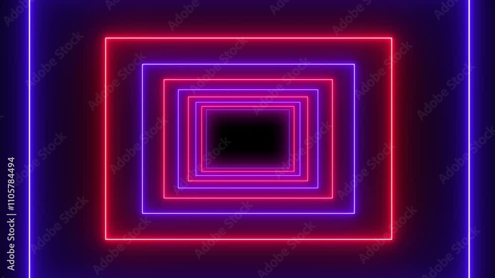 Poster neon line rectangle tunnel background. abstract futuristic neon tunnel square line animation on a bl