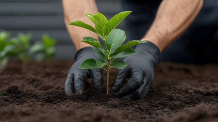 Volunteers planting trees together in an urban area, promoting environmental awareness and community development