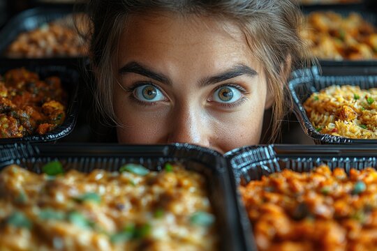 Young caucasian female excitedly observes flavorful dishes in takeout trays