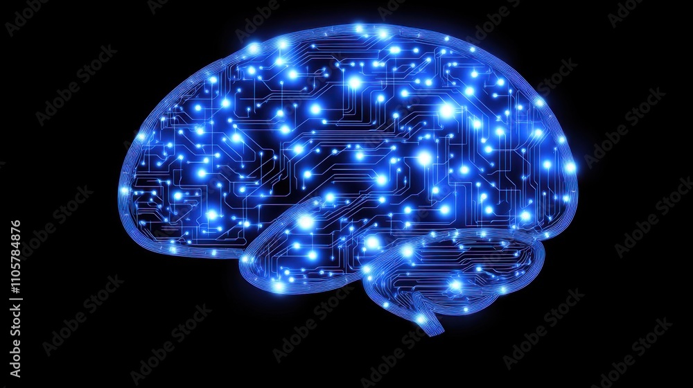 Poster futuristic digital brain with glowing circuitry and network connections representing artificial inte