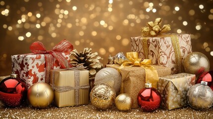 Elegant  Christmas gifts and colorful ornaments on  isolated background 