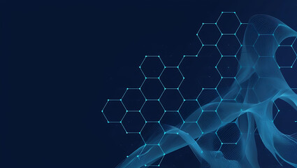 Obraz premium Abstract digital artwork featuring a dark blue background with a complex network of interconnected hexagonal shapes and flowing wave patterns. abstract copy space background, tech copy space