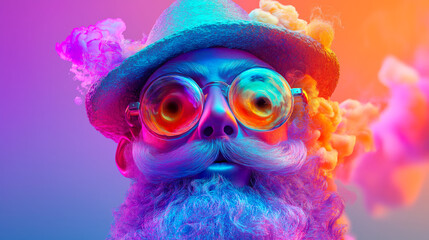 A vibrant and surreal image featuring a whimsical character with a long beard, oversized glasses, and a colorful background, evoking a sense of joy and creativity.