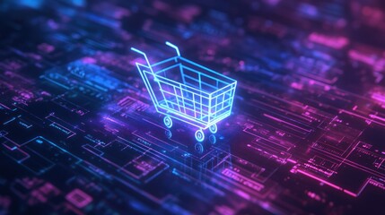 Glowing shopping cart icon on digital circuit board.