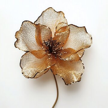 A single gold mesh flower on an isolated white background