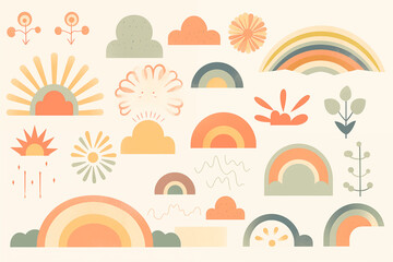 A retro rainbow with soft, muted colors cloud arcing across the design on warm background