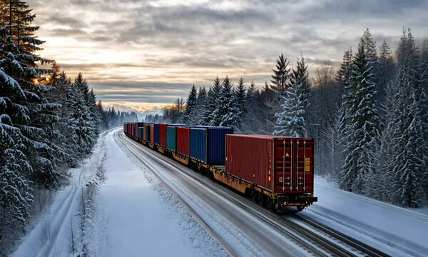 A freight train moves along a snow-covered track surrounded by tall evergreens during a picturesque sunset