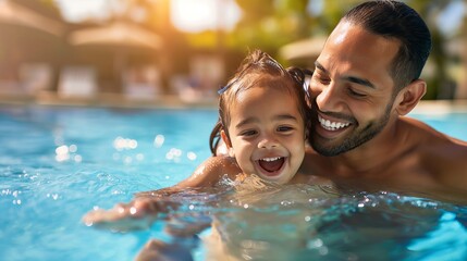 Happy black father and daughter swimming pool on summer vacation sunglasses relaxing at a hotel by the sea